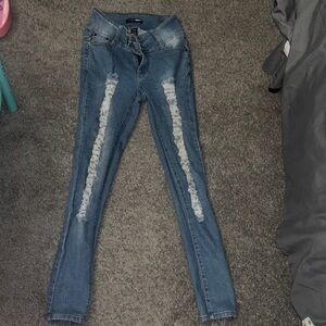 Fashion Nova Blue Distressed Skinny Jeans